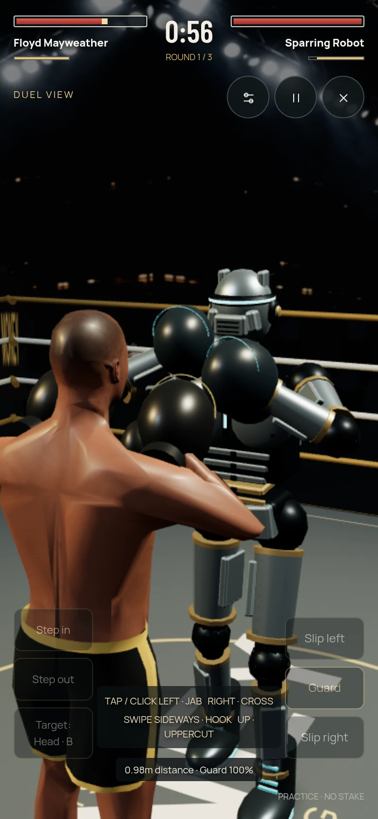 Current Money Boxing web playtest: Floyd facing the robot with on-screen touch controls